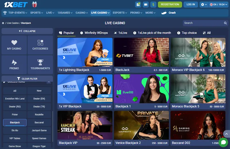 1xBet Table game Blackjack Screenshot